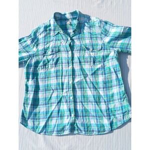 L.L.Bean Linen Button Down Shirt Plaid‎ Short Sleeve Casual XL
